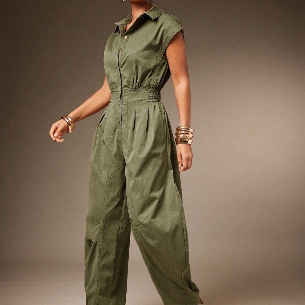 Green Casual Women's Sexy Collared Jumpsuit with Front Button Short Sleeve